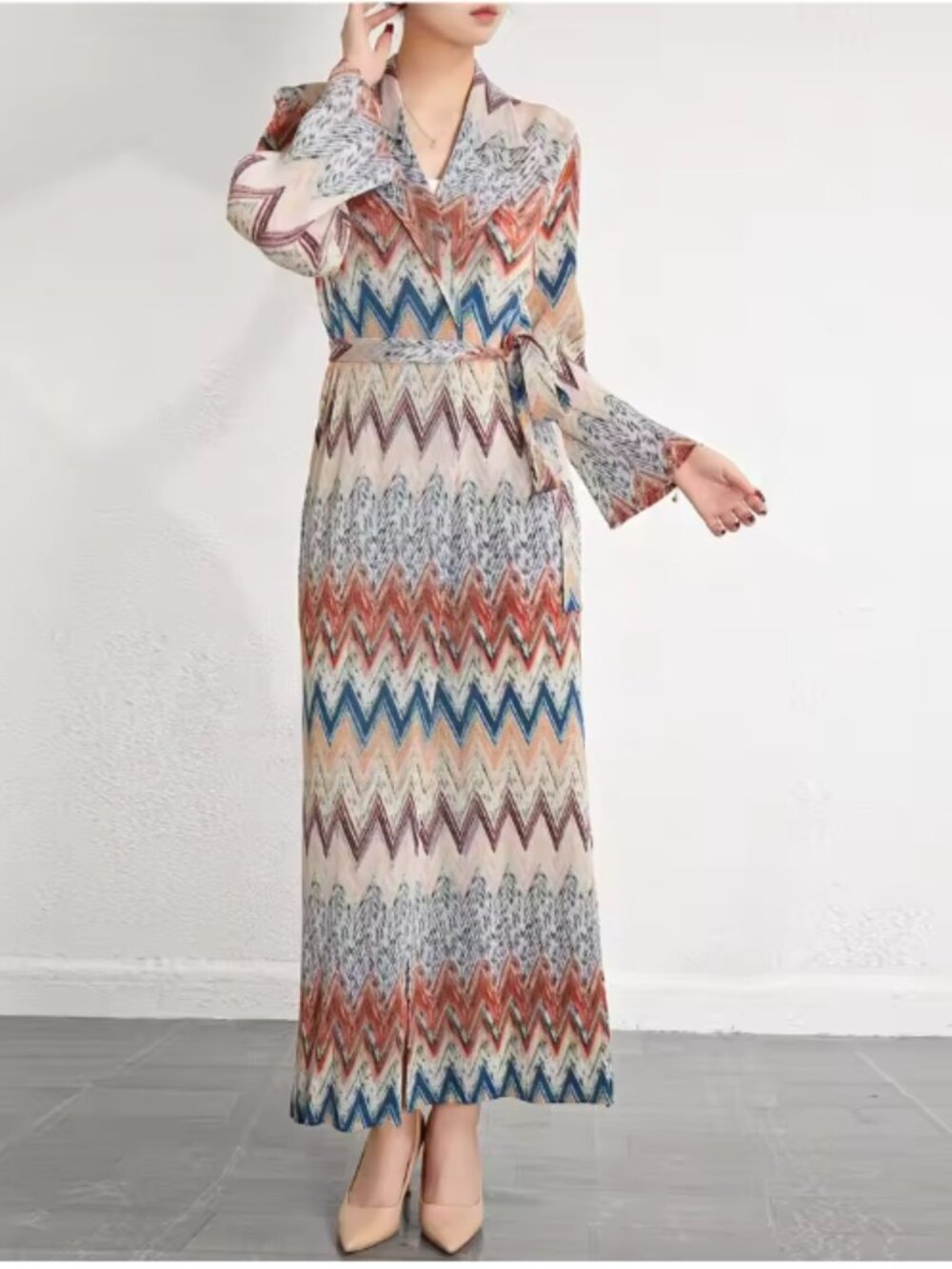 Multi-Color Boho Chevron Pleated Trench Duster Jacket with Belt - One Size